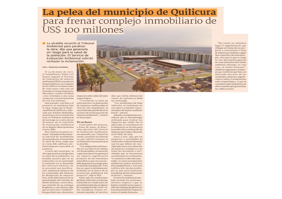 La pelea del municipio de Quilicura para frenar complejo inmobiliario de US$ 100 millones
